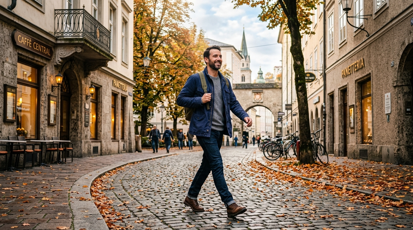 Mann beim Morgenspaziergang in der Stadt – natürliche Energie durch Bewegung
